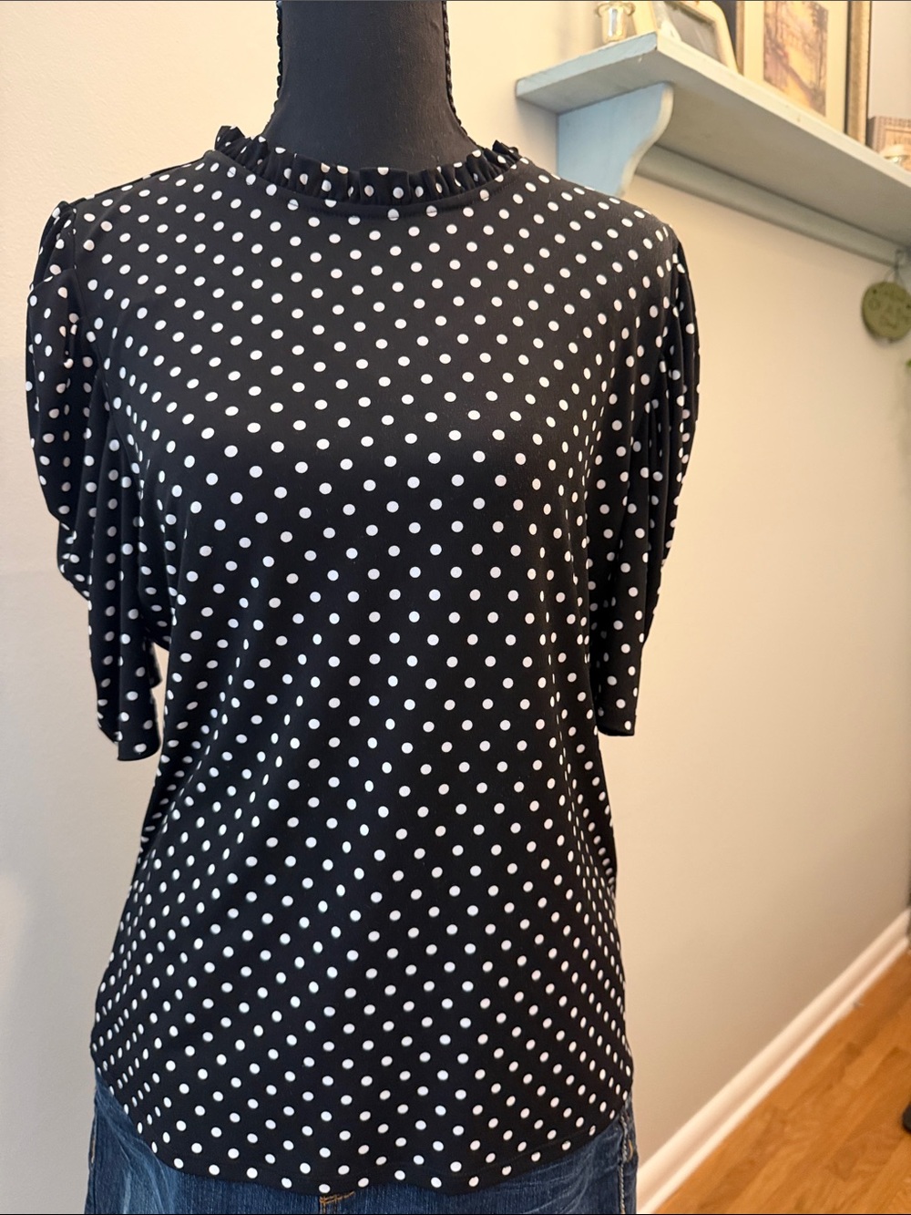 CeCe Black & White Polka Dot Long Sleeve Ruffle Neck Dress
